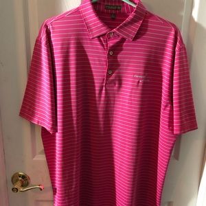 Men’s Bright Pink w Pale Blue Stripes Golf Shirt from Crooked Stick Golf Club